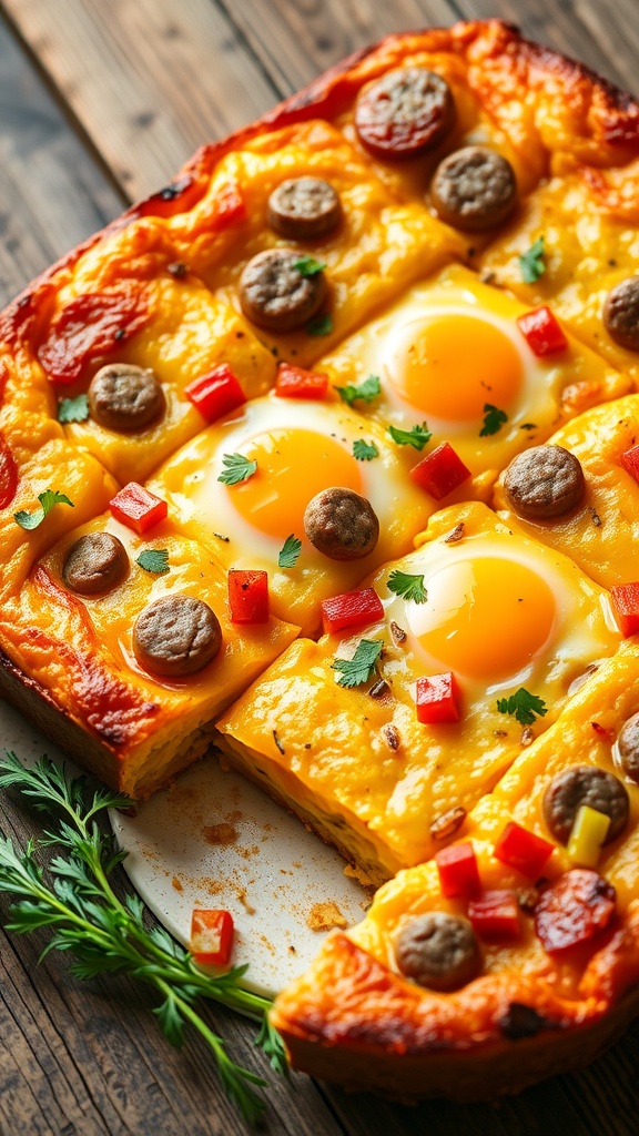 Savory sausage and egg bake cut into squares on a wooden table, garnished with fresh herbs.